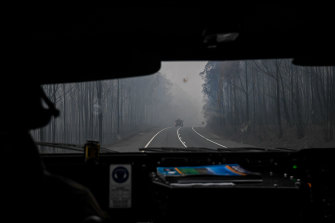 A view of fire damage from an ADF convoy travelling from Orbost to Mallacoota on January 15. 2020 