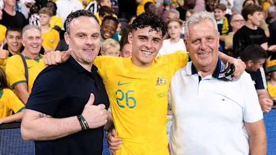 Socceroo Alex Robertson with his father Mark (left) and grandfather Alex, who both also played for Australia.