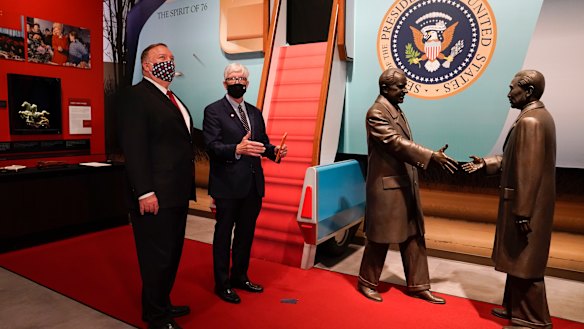 Highly symbolic setting: Secretary of State Mike Pompeo, left, tours the Richard Nixon Presidential Library with Hugh Hewitt, president and CEO of the Nixon Foundation.