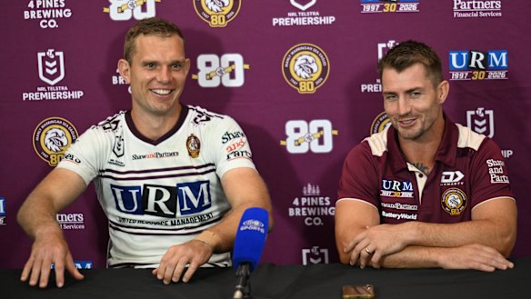 Happy campers: Tom Trbojevic and Kieran Foran after Thursday’s big win over the Dolphins in Foran’s first game in charge.