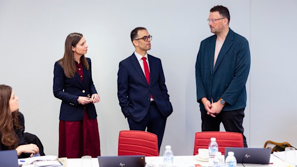 NSW Treasurer NSW Daniel Mookhey and Finance Minister Courtney Houssos speak to Herald editor Bevan Shields and journalists during the 2025 NSW budget lock-up.