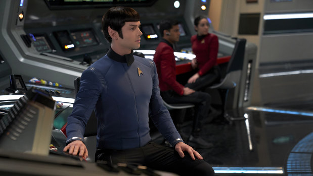 Mr Spock mans the science station of the USS Enterprise.