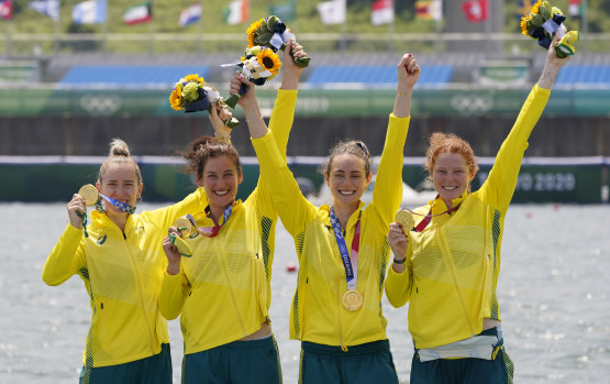 Olympic champions Lucy Stephan, Rosemary Popa, Jessica Morrison and Annabelle McIntyre after winning the women’s four.