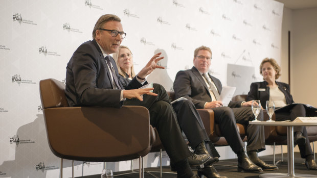 Chair of the review David Thodey, with Industry secretary Heather Smith, former secretary Blair Cromley and foreign affairs secretary Frances Adamson at an Institute of Public Administration Australia event in April.