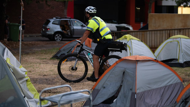 WA Police patrol Fremantle’s ‘tent city’ at Pioneer Park. 