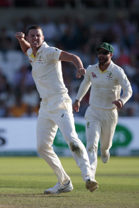 Josh Hazlewood celebrates taking the wicket of Joe Denly.