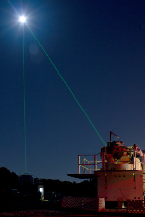 A laser beamed at the Lunar Reconnaissance Orbiter from the Goddard Space Flight Centre's Laser Ranging Facility in Greenbelt, Maryland.