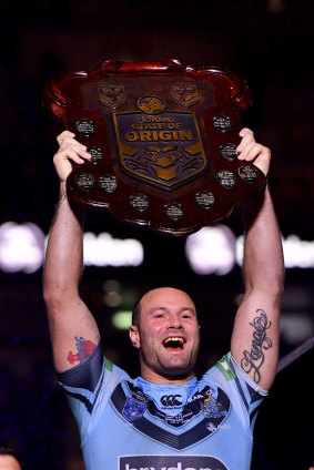 Blue beauty: NSW captain Boyd Cordner celebrates winning the 2018 State of Origin series 