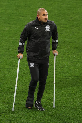Patrick Kisnorbo on crutches earlier this month. 