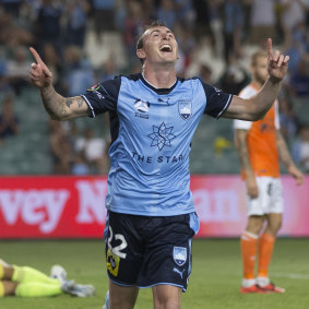 Sebastian Ryall celebrates after scoring a goal against Brisbane Roar in November 2017.