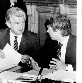 Bob Hawke and then health minister Neal Blewett at the premiers’ conference on the National Drug Strategy in April 1985.