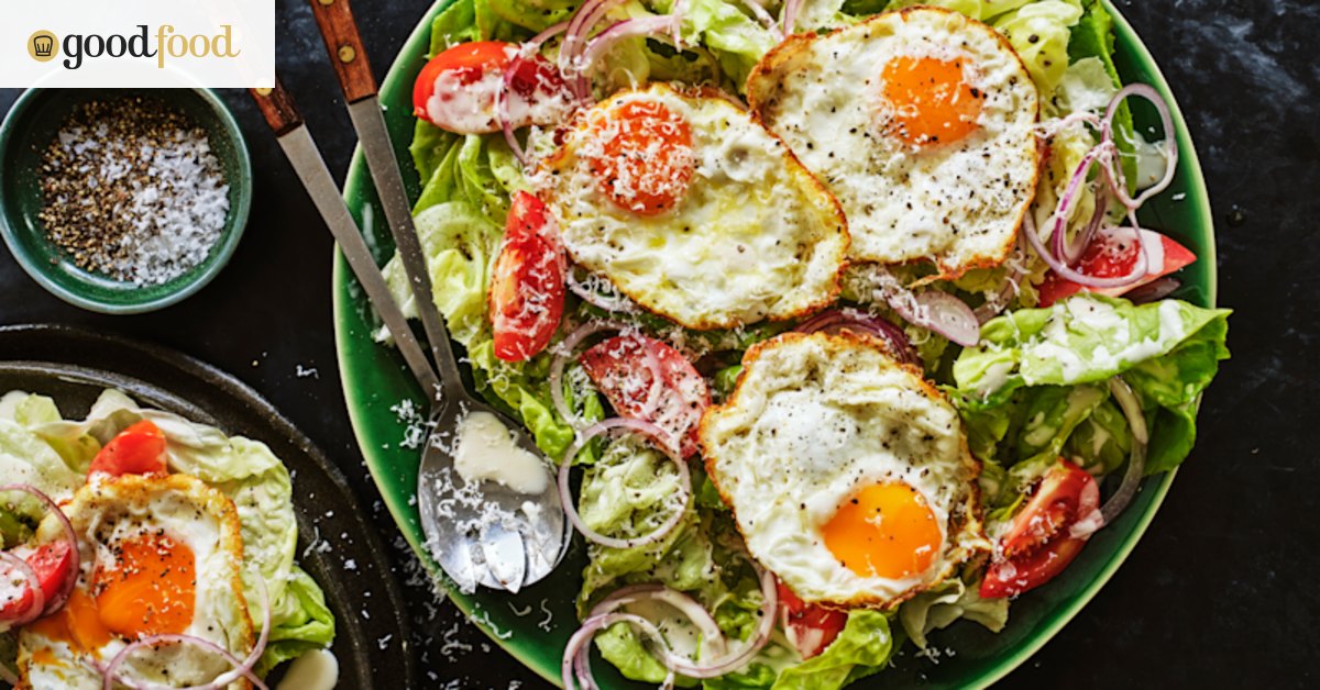 Fried egg salad with honey mustard dressing