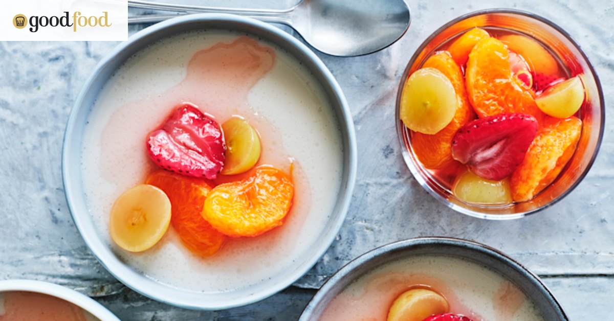 Adam Liaw’s almond milk pudding with fruit syrup