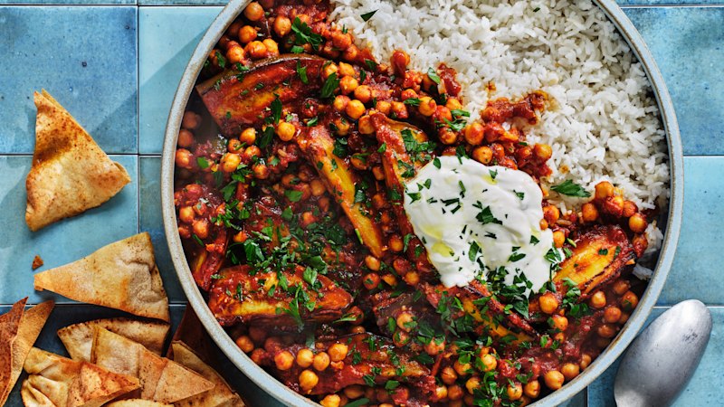 Spiced eggplant, tomato and chickpea stew with garlic yoghurt