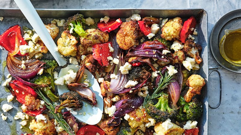 Adam Liaw shares air-fryer recipe for Mediterranean roast vegetables with rosemary and feta