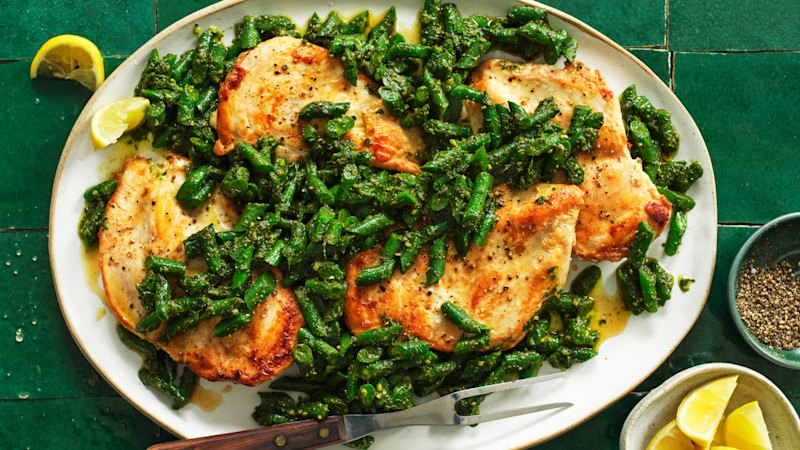 Adam Liaw’s chicken with pesto and green beans