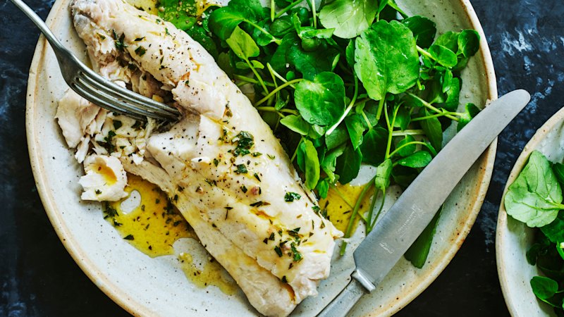 Adam Liaw’s poached snapper with anchovy parsley butter