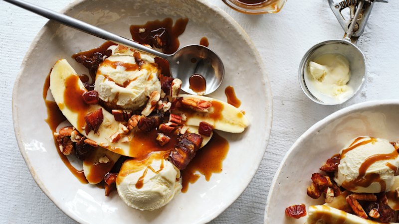 Adam Liaw’s butterscotch and pecan banana splits