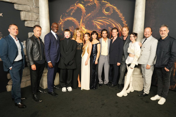 Gang’s all here. House of the Dragon cast and crew, from left: Ryan Condal, Paddy Considine, Steve Toussaint, Emma D’Arcy, Eve Best, Milly Alcock, Olivia Cooke, Fabian Frankel, Matt Smith, Rhys Ifans, Emily Carey, Gavin Spokes and Miguel Sapochnik.