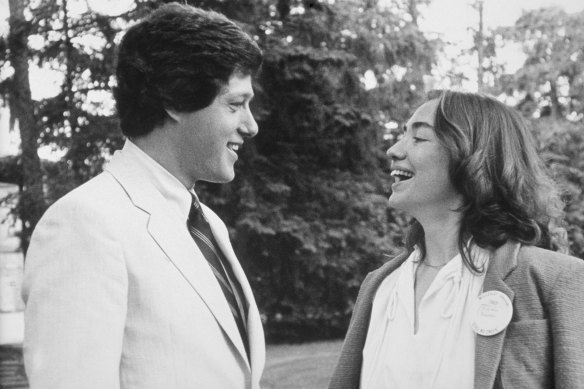 Bill Clinton and Hillary Rodham Clinton share a joke in Massachusetts in 1979.