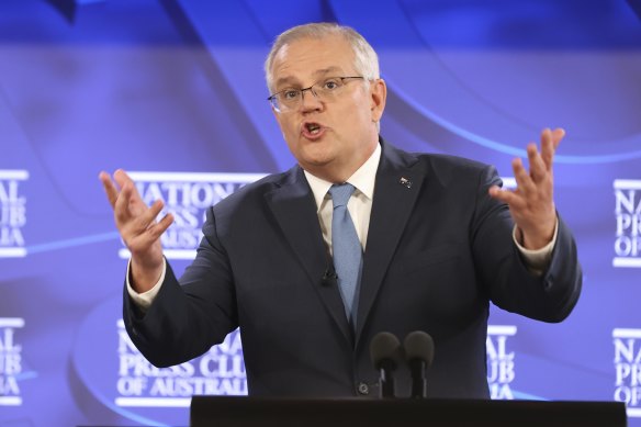 Prime Minister Scott Morrison during his National Press Club address today.