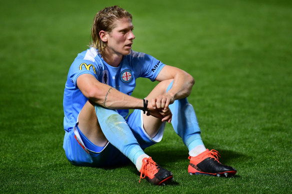 A dejected Harrison Delbridge after Melbourne City's loss to Adelaide United in the FFA Cup final.