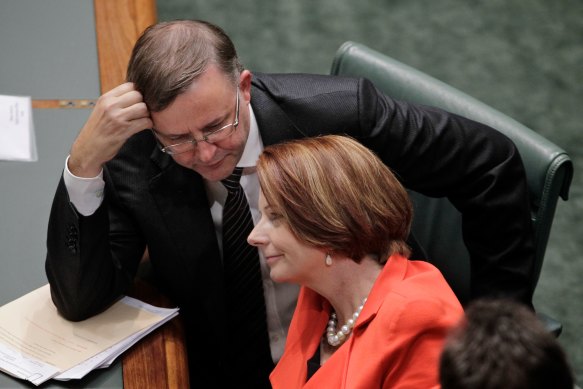 Anthony Albanese and then-prime minister Julia Gillard at Parliament House in 2012. 
