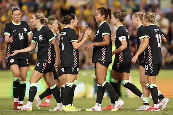The Matildas celebrate Mary Fowler’s goal.