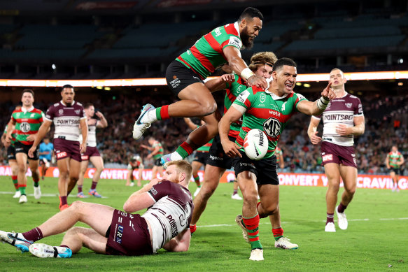 Cody Walker bagging a second try against Manly on Saturday night.
