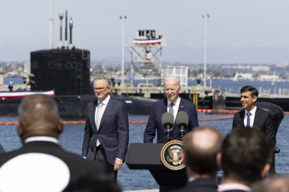 Prime Minister Anthony Albanese, President of the United States Joe Biden and Prime Minister of the United Kingdom Rishi Sunak arrive for the AUKUS announcement.
