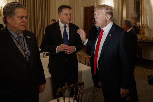 Elon Musk and Donald Trump. Steve Bannon, left, says Musk has “BDE.”