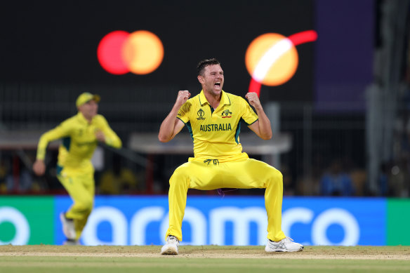 Josh Hazlewood celebrates getting Rohit Sharma in Chennai.