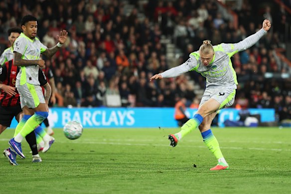 Manchester City’s Erling Haaland scores against Bournemouth on Wednesday morning AEST.