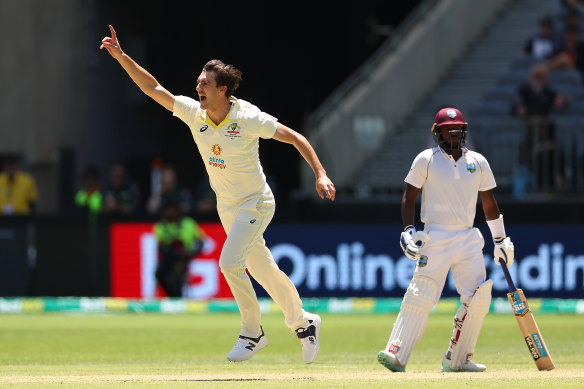 Pat Cummins removes Kraigg Brathwaite to pick up his 200th Test wicket.