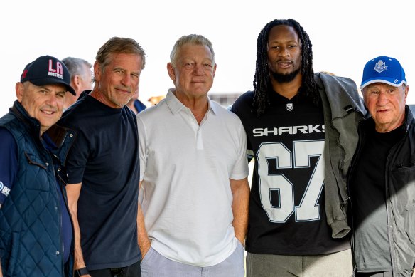 Roosters board member Mark Bouris, Bulldogs general manager Phil Gould, NFL legend Todd Gurley and Roosters chairman Nick Politis in Las Vegas.