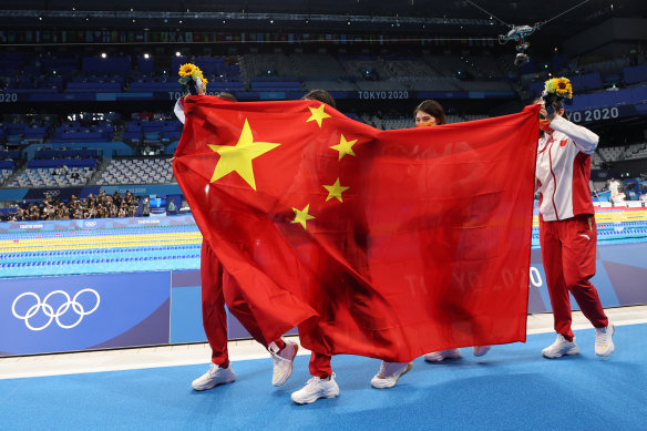Chinese gold medallists Junxuan Yang, Yufei Zhang, Bingjie Li and Muhan Tang after the medal ceremony for the women’s 4 x 200m freestyle relay on Thursday.