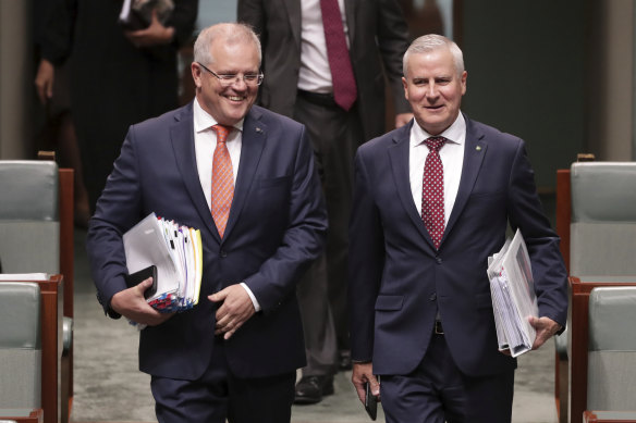 Prime Minister Scott Morrison and Deputy Prime Minister Michael McCormack entering Parliament for question time on Wednesday.