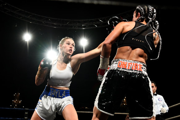 Fighting against Sarah Dwyer. Harris became the reigning Australian female middleweight boxing champion last year and, a few months ago, added the super welterweight champion’s belt.  