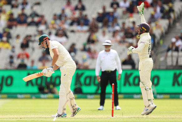 Cameron Green was trapped lbw by Jack Leach. 