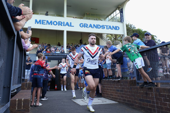 Angus Crichton runs out for the Roosters’ NSW Cup side at Henson Park on Saturday.