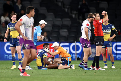 Maika Sivo receives attention after a crusher tackle that was not deemed a crusher tackle by the match review committee.