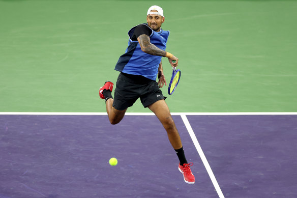 Kyrgios striking the ball with power before retiring hurt.