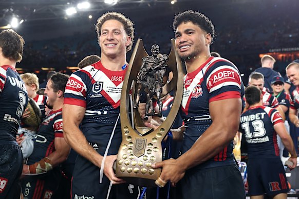 Mark Nawaqanitawase and Robert Toia celebrate grand final glory.