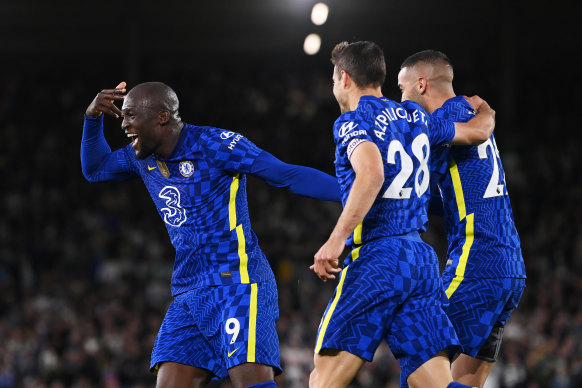 Romelu Lukaku (left) celebrates Chelsea’s third goal at Elland Road.
