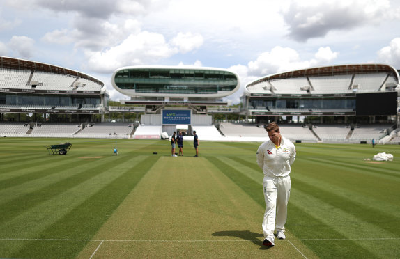 Steve Smith inspects the Lord’s pitch.