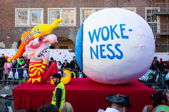 A carnival float satirising “wokeness” at Germany’s annual Rose parade earlier this month.