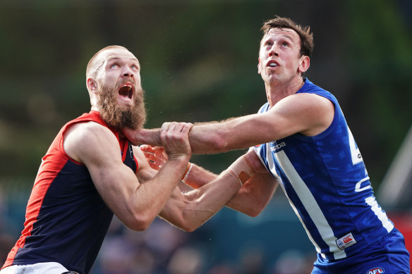 Ruck battle: Max Gawn of the Demons competes against Todd Goldstein of the Kangaroos.