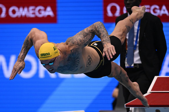 Kyle Chalmers dives in during his 100m freestyle final. 