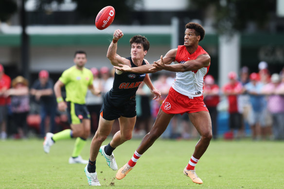 Giant Sam Taylor spoils against Sydney’s Joel Amartey in a niggly pre-season clash at Tramway Oval.