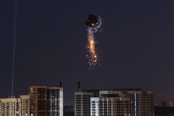 Ukrainian air defence intercepts a Shahed drone in mid-air over Kyiv,